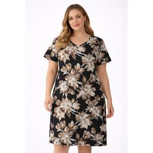 Isaac Mizrahi Live!  Floral Dress Black Beige Short Sleeve Size 2XT NWOT